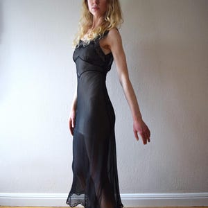 1930s 1940s black chiffon nightgown . sheer silk gown . size xs to small