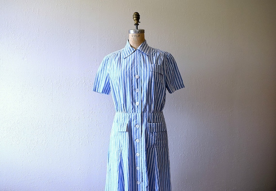 1940s sportswear dress . vintage 30s 40s blue stri
