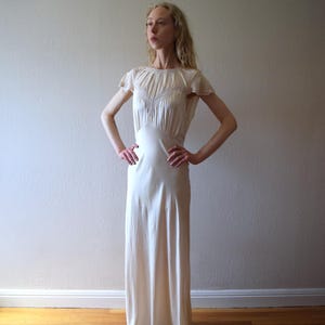 Vintage 1930s cream silk satin bias cut gown . bridal dress . size xs to small
