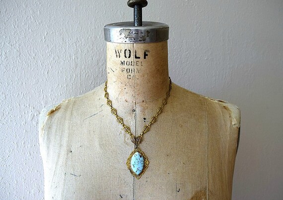 1930s necklace . vintage 30s brass and faux turquo