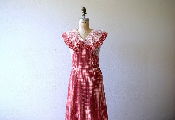 1930s dress . vintage 30s red and white deco print