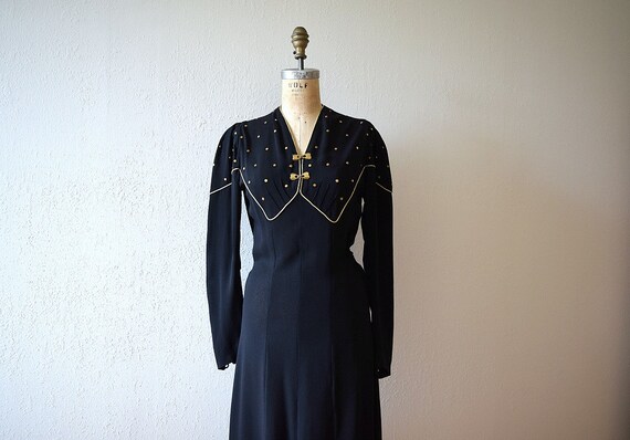 1930s studded dress . vintage 30s black rayon dres