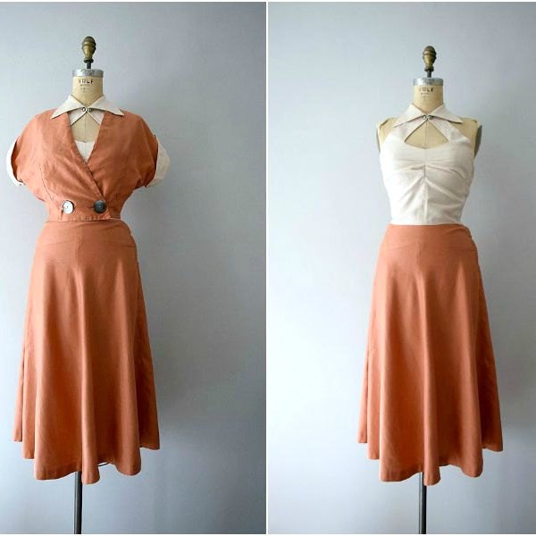 1950s vintage dress . cream and coral dress and jacket