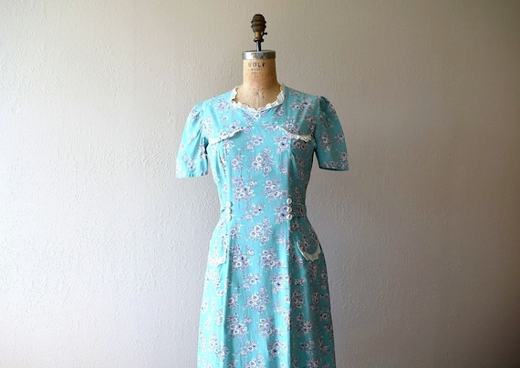 1930s 1940s dress . vintage mint green floral dres