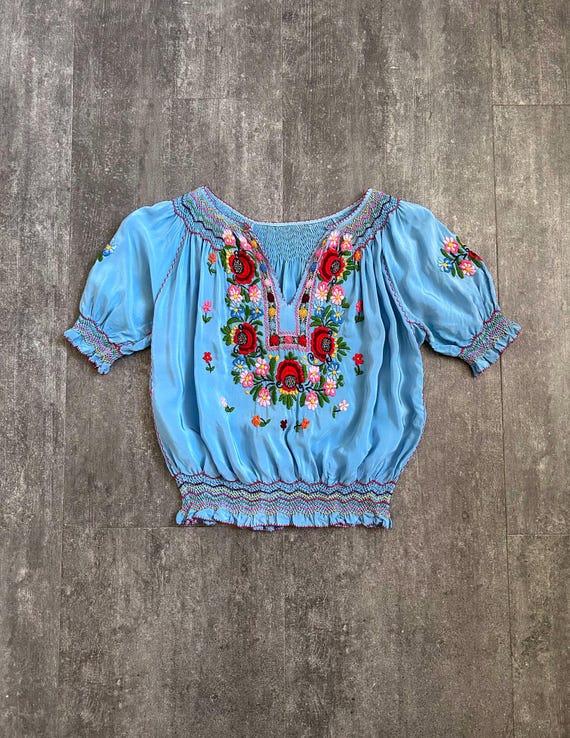 1930s blue silk Hungarian embroidered blouse . si… - image 1