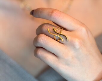 Minimalist 18K Gold Statement Ring – Handmade Organic Wave Ring – Modern Sculptural Gold Ring