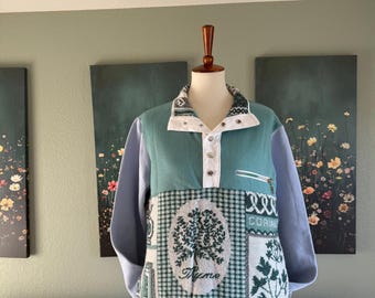 Upcycled Champion Quarter Snap | Cottagecore Herb Blanket Pullover | Unisex M | Handmade Reworked Sweatshirt with Pockets