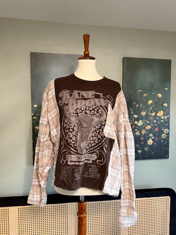 Upcycled Kane Brown Flannel | Handmade Campfire Shirt | Abercrombie Plaid + Concert Tee | Loose Fit Western Top | One-of-a-Kind Fall Outfit