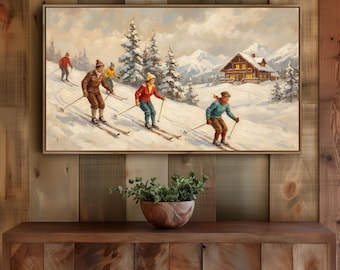 May include: A framed oil painting depicts skiers on a snowy slope with a cabin in the background. The skiers are wearing colorful winter attire, and the scene is set against a backdrop of snow-covered mountains and evergreen trees. The painting is displayed on a wooden wall.