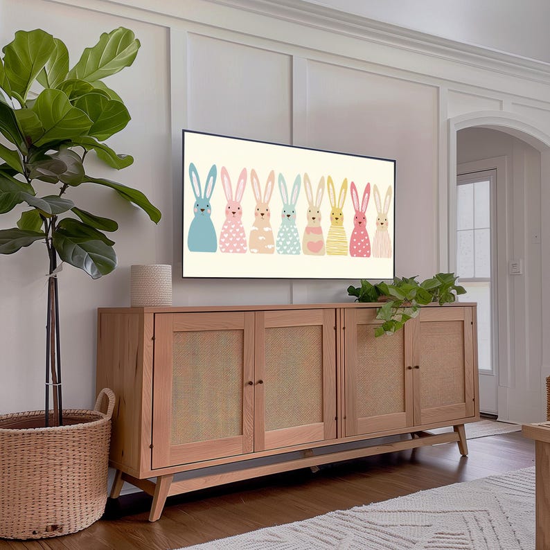 Bunny-themed digital download for nurseries — sweet, minimalist artwork featuring eight colorful bunnies, ideal for Samsung Frame TV.