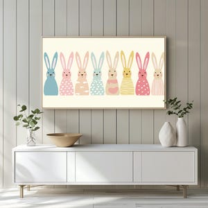 Playful bunny-themed Samsung Frame TV art for nurseries — minimalist design with pastels and simple patterns, perfect for kids' spaces.