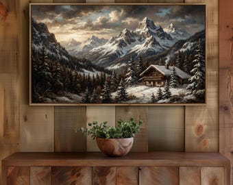 May include: A framed landscape painting depicts a snow-covered mountain range under a cloudy sky. A cabin with smoke rising from its chimney sits nestled among evergreen trees. The artwork is displayed above a wooden cabinet.