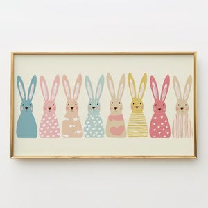 Pastel bunny Frame TV art for children's playrooms — Scandinavian-inspired, with flat illustrations of adorable bunnies in various shades.