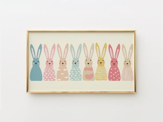 Nursery Frame TV Art, Pastel Bunny Lineup TV Art for Kids, Scandinavian Style Children's Decor, Playful Animal Art Digital Download 32