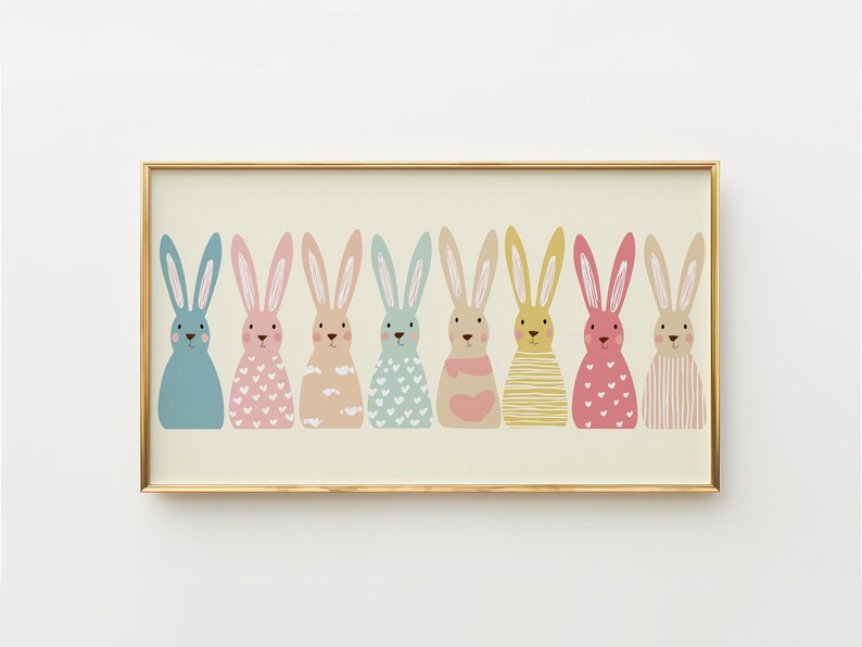 Pastel bunny Frame TV art for children's playrooms — Scandinavian-inspired, with flat illustrations of adorable bunnies in various shades.