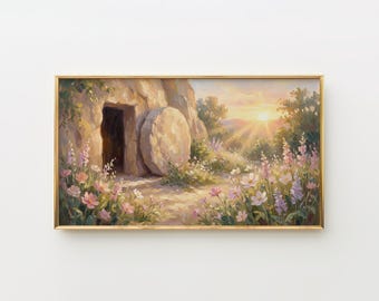 Cornice pasquale per la TV, arte della resurrezione per la TV, dipinto dell'alba con tomba vuota, decorazioni floreali primaverili, download digitale di paesaggi pastello