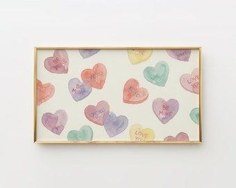 Cornice per San Valentino con decorazioni TV, romantici cuori di caramelle pastello, graziose decorazioni ad acquerello per la TV, giocosa arte di San Valentino, download digitale