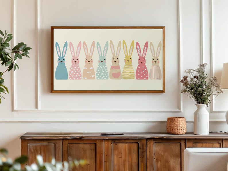 Long-eared bunnies digital art for kids' rooms — playful pastel colors with simple patterns, perfect for Samsung Frame TV display.