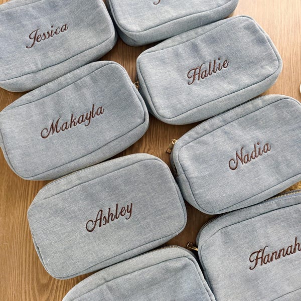 Embroidered Denim Makeup Bag – Embroidered Cosmetic Pouch | Bridal Bachelorette