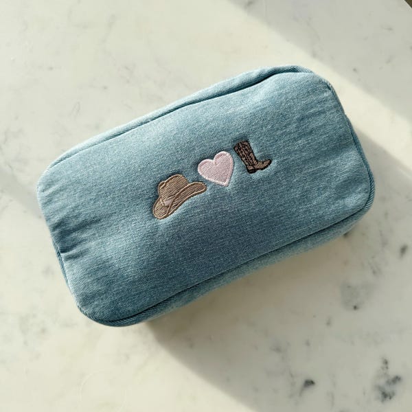 Personalized Denim Makeup Bag – Embroidered Cosmetic Pouch | Bridal Bachelorette
