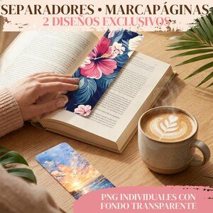 Puede incluir: Dos marcapáginas rectangulares con diseños distintos. Uno muestra un patrón floral vibrante con flores de hibisco rosas sobre un fondo azul oscuro. El segundo marcapáginas presenta un paisaje de atardecer con nubes naranjas y azules.