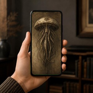 Fondo de pantalla para móvil Medusa II / Pantalla de bloqueo Dark Academia / Arte de especímenes biomecánicos / Descarga instantánea, iPhone y Android
