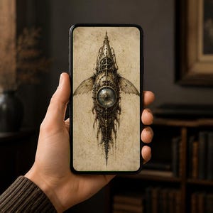 Fondo de pantalla de pez mecánico para móvil / Pantalla de bloqueo estilo academia oscura / Arte biomecánico steampunk / Descarga instantánea, iPhone y Android
