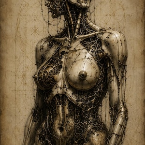 May include: A humanoid figure composed of metallic plates and intricate wire-like filigree, featuring a skull-like head with multiple eye sockets, exposed mechanical joints, and a complex network of interconnected gears and thin metal filaments.