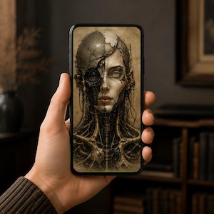 Fondo de pantalla para móvil con rostro de mujer cíborg / Pantalla de bloqueo estilo academia oscura / Arte de ciencia ficción gótica biomecánica / Descarga instantánea, iPhone y Android