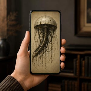 May include: A smartphone displaying a digital illustration of a mechanical jellyfish with a metallic, dome-shaped head and intricate, dangling wire-like tentacles in shades of bronze, gold, and dark brown against a textured, aged parchment background.
