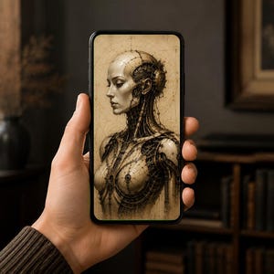 Cyborg Woman Profile Phone Wallpaper | Dark Academia Lock Screen | Biomechanical Gothic Sci-Fi Art | Instant Download, iPhone & Android
