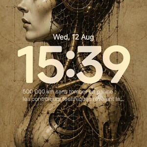 Puede incluir: Una ilustración digital de una figura cíborg de perfil, con un intrincado casco mecánico y una compleja red de cables y engranajes. La obra en tonos sepia muestra el texto 15:39, Wed, 12 Aug, y 500 000 km sans tomber en panne.