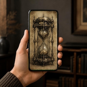 Curiosities Collection Phone Wallpaper, Hourglass II, Ornate Brass Frame, Spindles | Dark Academia Time Gothic | Download, 1440 x 3120