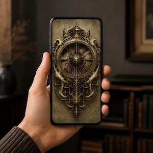 Fondo de pantalla para móvil con mecanismo de reloj / Pantalla de bloqueo estilo Dark Academia / Arte biomecánico en latón / Descarga instantánea, iPhone y Android