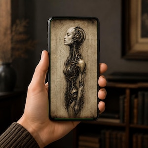 Fondo de pantalla para móvil Cyborg Woman Profile IV / Pantalla de bloqueo Dark Academia / Arte de ciencia ficción gótica biomecánica / Descarga instantánea, iPhone y Android