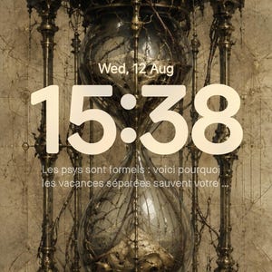 May include: A digital smartphone lock screen displaying an ornate, metallic hourglass with intricate, vine-like filigree. The screen shows the time 15:38, the date Wed, 12 Aug, and a notification snippet in French about vacation habits.