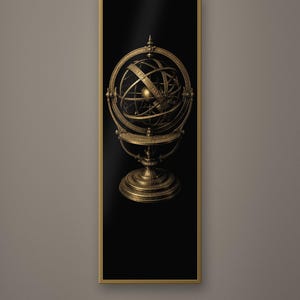 May include: A vertical rectangular wall art piece featuring a brass-colored armillary sphere centered on a solid black background. The sphere consists of multiple interlocking rings and a central globe, all mounted on a circular tiered base.