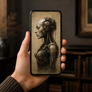 Cyborg Woman Profile VIII Phone Wallpaper | Dark Academia Lock Screen | Biomechanical Gothic Sci-Fi Art | Instant Download, iPhone & Android