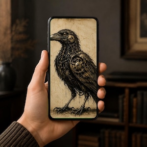 Raven Phone Wallpaper | Dark Academia Lock Screen | Biomechanical Specimen Art | Instant Download, iPhone & Android