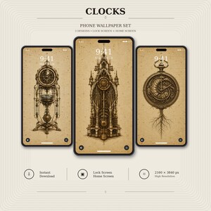 Clocks Phone Wallpaper Bundle | Dark Academia Lock Screen | Gothic Wallpaper | Instant Download | iPhone & Android
