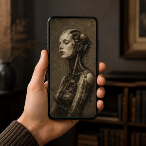 Fondo de pantalla para móvil Cyborg Woman Profile II / Pantalla de bloqueo Dark Academia / Arte biomecánico gótico de ciencia ficción / Descarga instantánea, iPhone y Android