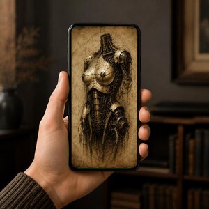 Fondo de pantalla para móvil estilo busto de cíborg / Pantalla de bloqueo estilo academia oscura / Arte de ciencia ficción gótica biomecánica / Descarga instantánea, iPhone y Android