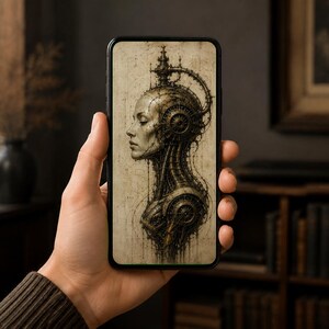 Fondo de pantalla para móvil Cyborg Woman Head VII / Pantalla de bloqueo Dark Academia / Arte biomecánico gótico de ciencia ficción / Descarga instantánea, iPhone y Android