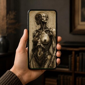 Fondo de pantalla para móvil con máscara de mujer cíborg / Pantalla de bloqueo estilo academia oscura / Arte de ciencia ficción gótica biomecánica / Descarga instantánea, iPhone y Android