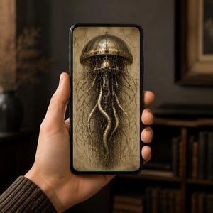 Jellyfish IV Phone Wallpaper | Dark Academia Lock Screen | Biomechanical Specimen Art | Instant Download, iPhone & Android