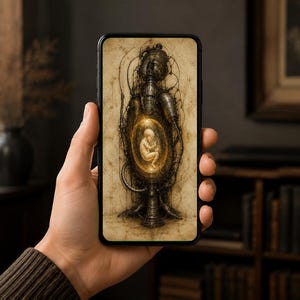 Baby in Utero Phone Wallpaper | Dark Academia Lock Screen | Biomechanical Gothic Sci-Fi Art | Instant Download, iPhone & Android