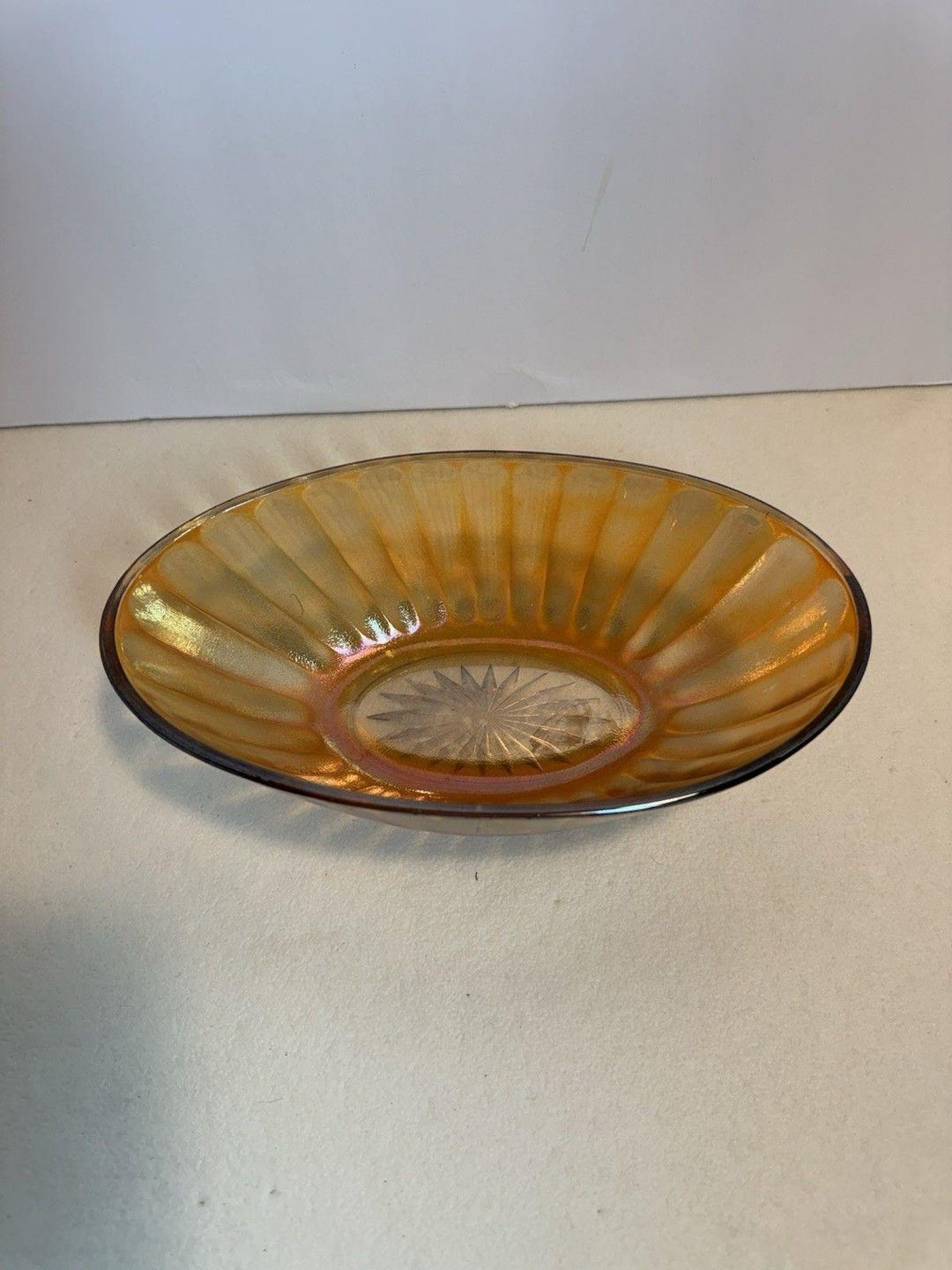 Vintage Amber Carnival Glass Bowl Ribbed Fluted Iridescent Sunburst ...