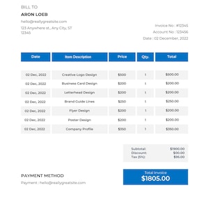 May include: A blue and white invoice template with the text "YOUR LOGO" at the top. The invoice is addressed to Aron Loeb and lists services such as logo design, business cards, and letterhead. The total invoice amount is $1805.00.