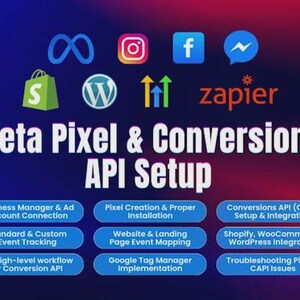 Può includere: Grafica con icone di social media e il testo "Meta Pixel & Conversions API Setup". L'immagine include icone di Facebook, Instagram e altre piattaforme, insieme a punti elenco che descrivono la configurazione.