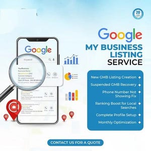 Może przedstawiać: Cyfrowa grafika dla usługi Google My Business Listing przedstawiająca ekran smartfona pod lupą, wykresy danych oraz niebieskie pole tekstowe z listą usług, takich jak tworzenie wizytówek GMB i przywracanie zawieszonych profili.